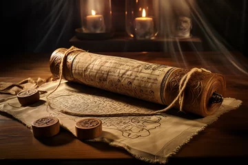 Zelfklevend Fotobehang An ancient scroll adorned with mystical sigils and seals is unfurled on a sturdy oak table, bathed in soft light © Davivd