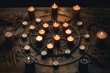 lit candles are arranged in the shape on a wooden table during an occult ritual ceremony - obrazy, fototapety, plakaty