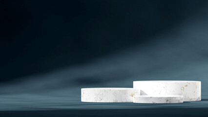 empty scene white cylinder marble podium in landscape dark blue curved backdrop, 3d rendering
