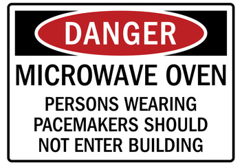 Pacemaker and magnetic hazard warning sign and labels microwave oven. Persons wearing pacemakers should not enter building