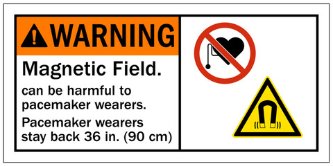 Pacemaker hazard warning sign and labels magnetic field can be harmful to pacemaker wearers. Pacemaker wearer stay back 36 in.