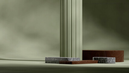 black marble and wood podium in landscape green textured curved wall, 3d image render scene mockup
