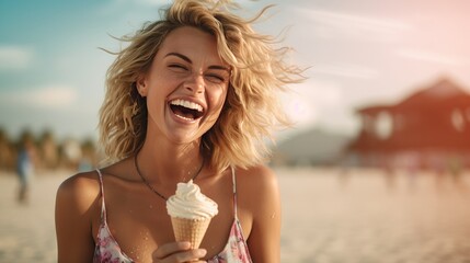 funny girl eating ice cream on the beach