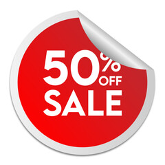 Sale 50 percent off circle sticker. Red label sale round sticker fold over with shadow.
