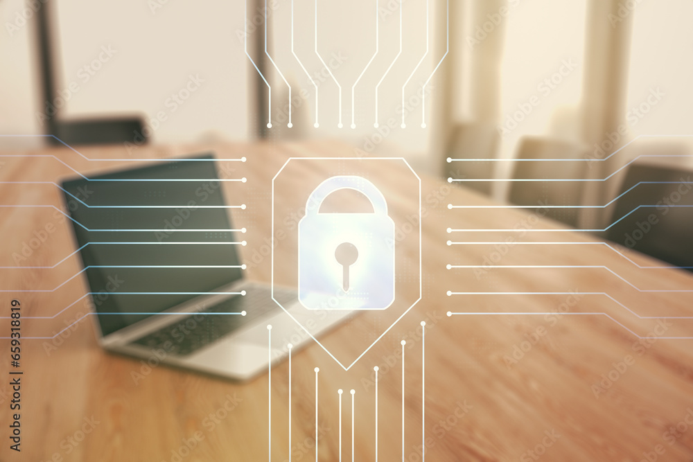 Poster double exposure of creative lock hologram with chip on laptop background. information security conce