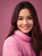 Fototapeta premium Portrait of a beautiful young woman with brown hair and makeup.