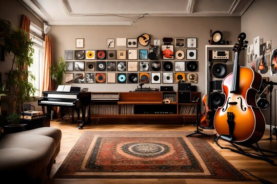 A music lover's living room with musical instruments, vinyl records, and soundproof walls. The room is a haven for music enthusiasts to practice and enjoy their passion.