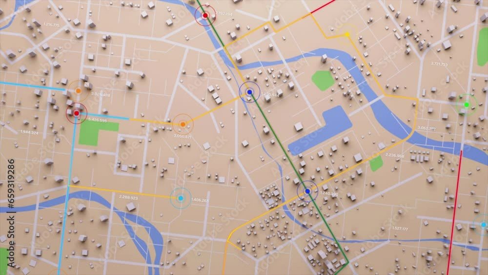 Poster 3d rendering top view city map with navigator line and destination gps technology transportation, fu