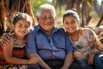 Mexican or Hispanic family together. Family photo of grandfather with grandchildren. Grandchildren visit elderly parents. Family values. Caring for the elderly.