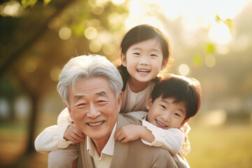 Meeting of grandfather and grandchildren. An elderly Asian man and his grandchildren are happy together. They hug and rejoice at meeting each other. Caring for the elderly. Children visit old people. - obrazy, fototapety, plakaty