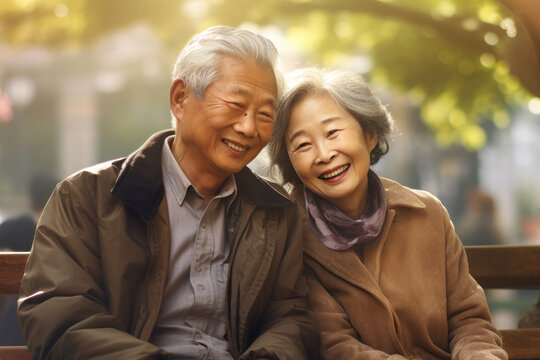 An elderly couple of oriental appearance, Asians, a man and a woman, a bench in the park. Enjoy life. Date. Elderly Asian old people. Relationships in old age. Love and romance.