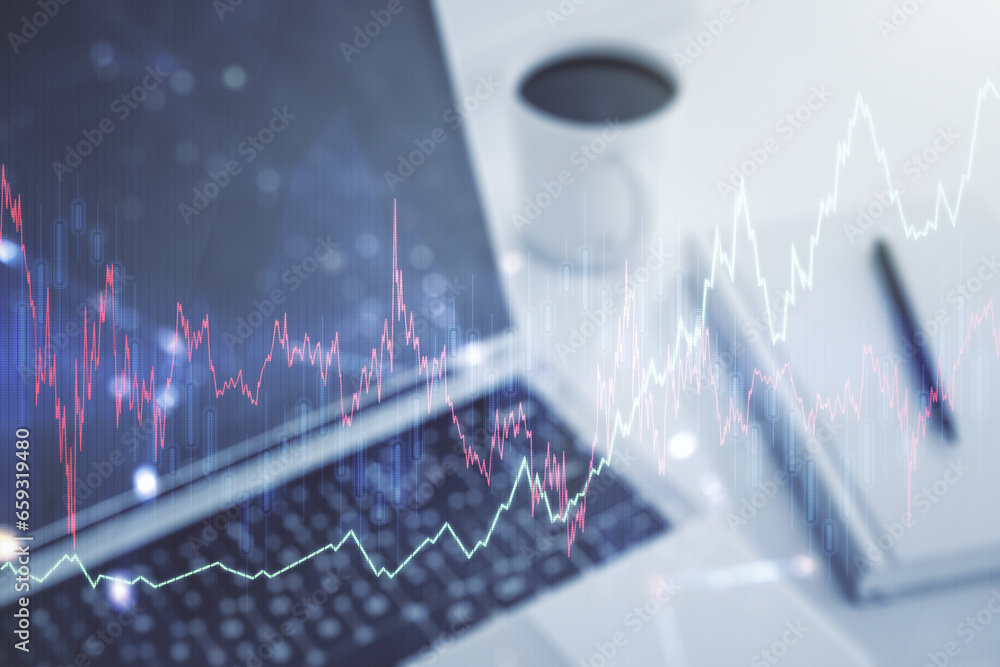 Poster multi exposure of abstract creative financial chart on computer background, research and analytics c