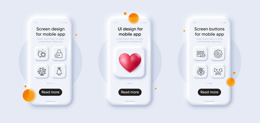 Naklejka na ściany i meble Settings gear, Sale and Intersection arrows line icons pack. 3d phone mockups with heart. Glass smartphone screen. Balloon dart, Bell, Approved documentation web icon. Vector
