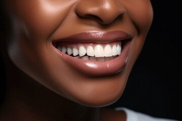 Closeup of black woman smile with white healthy teeth