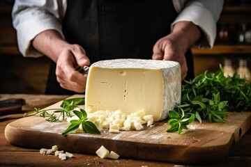 A person cutting cheese on a cutting board. Farmer or chef makes cheese slice.