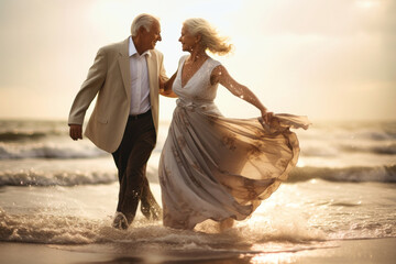 Fototapeta na wymiar An elderly couple in love, a man and a woman, are dancing on the beach by the sea. They look at each other with a loving gaze. Seniors dating. Relationships in old age. Love and romance.