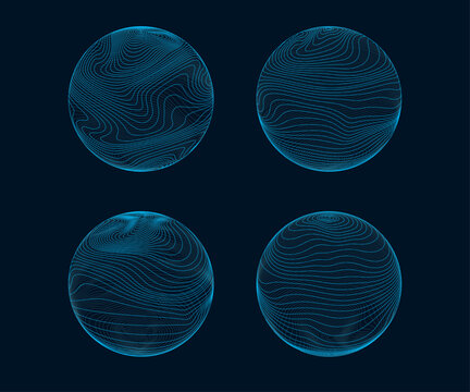 3d Line Sphere. Globe With Wavy Line Pattern, Futuristic Digital Network Technology Planet, 3d Matrix Concept. Data Circles With Editable Stroke Vector Set