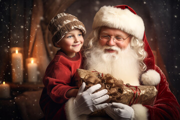 Little boy getting gift from Santa Claus in Santa home. Christmas fairytale