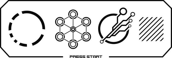 Collection of modern abstract posters. In acid style. Retro futuristic design elements, perspective grid, tunnel, circle. Black and white retro cyberpunk style. Futuristic info boxes layout templates.