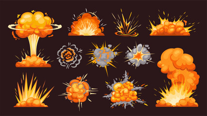Cartoon explosions. Comic explosive detonation, game bomb blast, explose animation, explode cloud effects, crash atomic explosions. Vector set