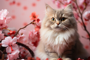 桜の花とふわふわの猫