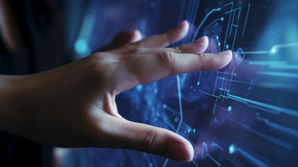 Close-up of a person's hand interacting with a holographic interface