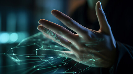 Close-up of a person's hand interacting with a holographic interface