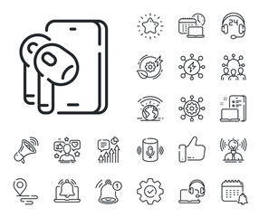 Fototapeta premium Mobile accessories sign. Place location, technology and smart speaker outline icons. Earphones line icon. Headset or headphone symbol. Earphones line sign. Influencer, brand ambassador icon. Vector