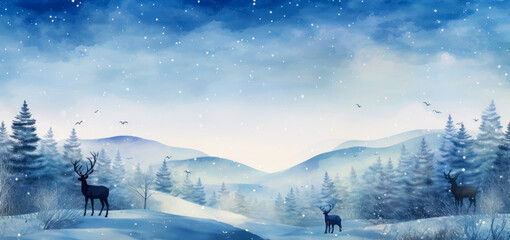 Snowy forest landscape painting 10 (Christmas style) Wide background watercolor painting for website. Generative AI