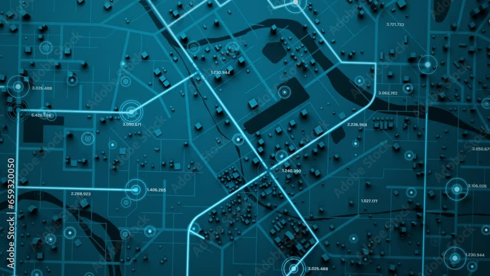 Poster 3d rendering top view city map with navigator line and destination gps technology transportation, fu