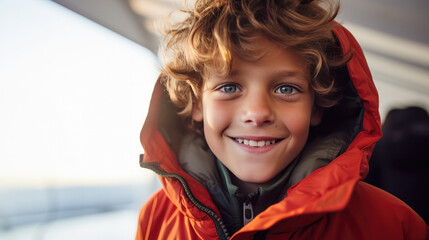 portrait of a happy young boy wearing a vibrant red jacket, a cute boy on winter vacation goes on an adventure to face the cold, long blond hair with a looking blue eyes 