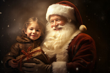 Little cute girl holding gift from Santa Claus outdoor. Christmas fairytale