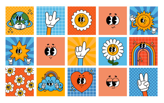 Cartoon groovy cards. Vintage 70s comic characters on posters. Funny retro flower, daisy, heart, rainbow, hands and trendy elements. Psychedelic sticker vector set