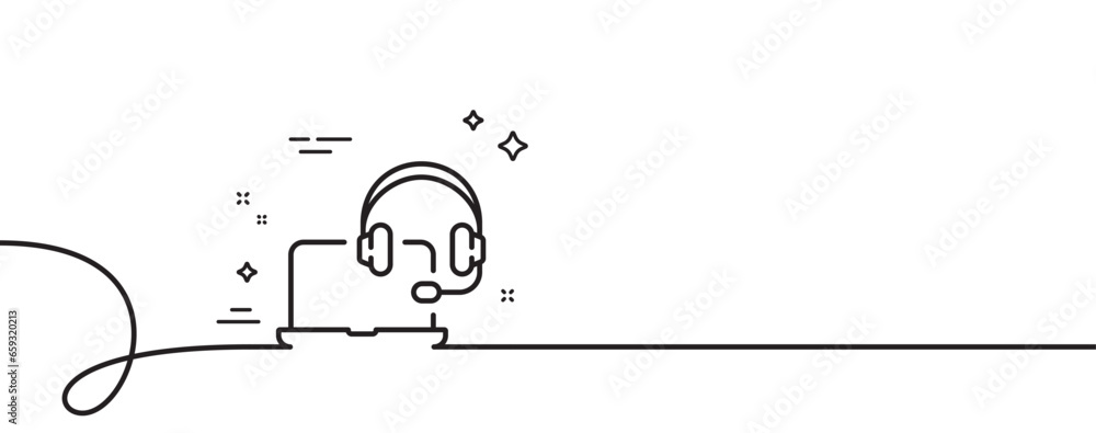 Poster consult line icon. continuous one line with curl. online consulting sign. laptop with headset symbol