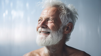 grandfather portrait in bright light, cheerful old man with a charming smile and white beard, looks to the left, with a pensive and dreamy look on a minimalist blue sky background - obrazy, fototapety, plakaty