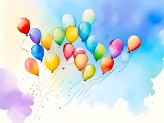 Lots of multicolored bright balloons going up into the clear blue sky. Watercolor illustration, mockup, copy space