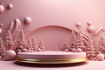 Gently pink Christmas abstract background with fir trees, golden balls and podium. Pink 3D podium, Christmas banner
