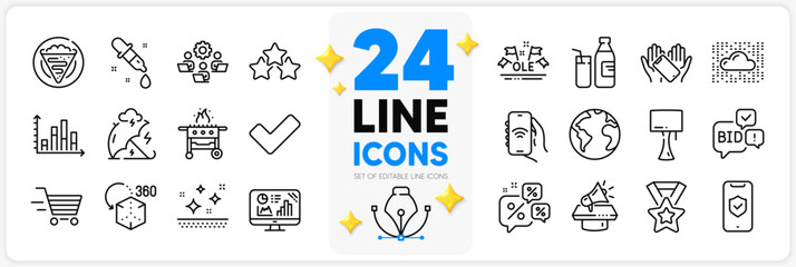 Icons set of Cloud system, Smartphone holding and Diagram graph line icons pack for app with Stress protection, World planet, Milk thin outline icon. Discounts chat, Table lamp. Vector