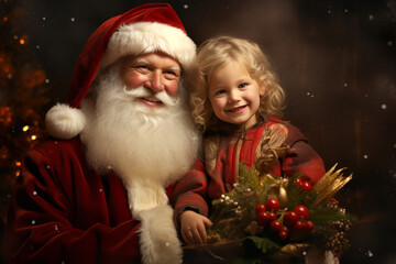 Little cute girl getting gifts from Santa Claus at home. Christmas fairytale