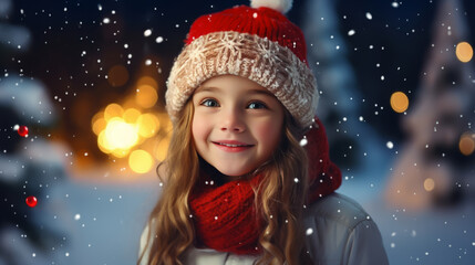 cute little girl in winter outfit fascinated looking at snowfall. Winter lifestyle, first snow.