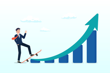 Businessman with skateboard prepare to run on growth rising graph, growth for success, growing business to achieve goal, progress or improvement, career development, financial profit earning (Vector)
