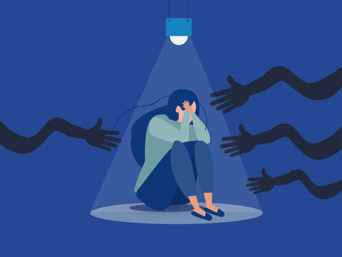 Illustration of a frightened girl sitting under a spotlight haunted by black hands. vector illustration.