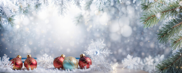 Fototapeta na wymiar Colorful Christmas baubles resting on the snow, with Christmas trees, falling snow, and frost in the background. Copy space, winter website header, advertising space during the holiday season,