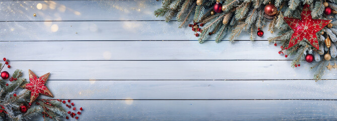 Christmas banner. Top view of winter twigs, cones and red stars with copy space, winter and christmas business advertising space, Merry Christmas web header with a light wooden background,