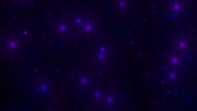 Starry illusion. Rotating motion background 4k. Abstract glowing purple blue stars on dark violet black backdrop. Halation texture. Retro futuristic loop animation. Fantasy kaleidoscope. Magic night