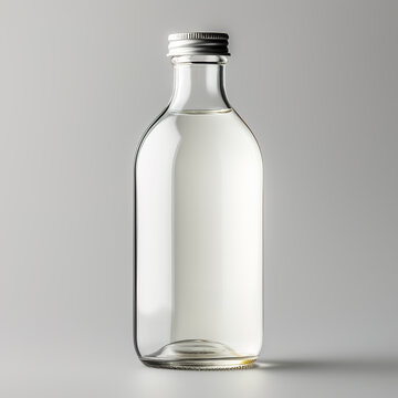 Glass bottle with blank label isolated on white background