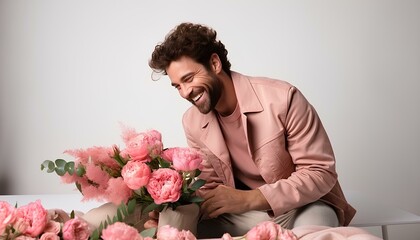 man with roses. man with bouquet for Valentine's Day. smiling man in pink suit isolated on white background