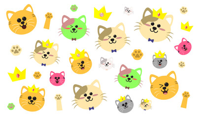 Fototapeta premium Cute Cartoon Cat Sticker collection isolated on transparent background. Cat arms, kitten paws, yellow gold crowns with cat jewel. Vector Illustration. 