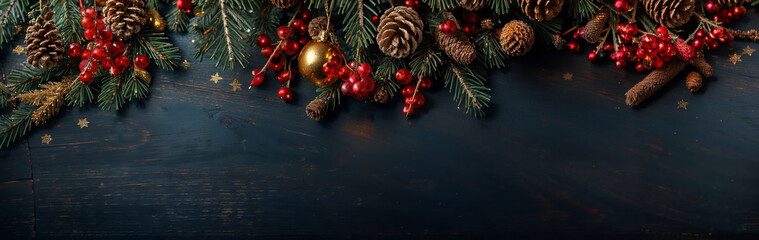Christmas banner. Top view of winter twigs, cones and red mistletoe fruits with copy space, winter and christmas business advertising space, Merry Christmas web header with a dark blue background,