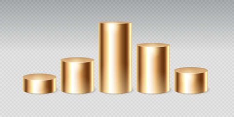 3D golden cylinders. Gold realistic metal cylindrical product luxury podiums, metallic pillar or standing tube. 3D exhibition pedestal isolated vector set